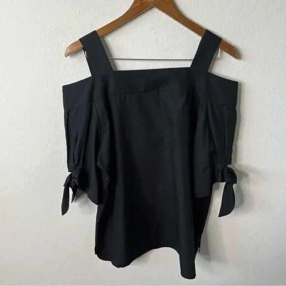 Double Standard Clothing NYC Open Shoulder Black Blouse Pleated Sleeves 38/ US S - Picture 9 of 9